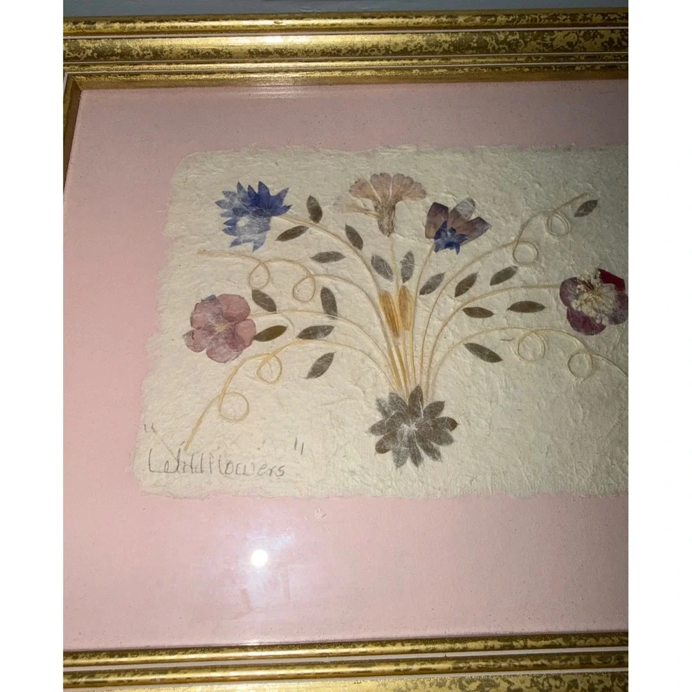 Vintage 1996 Madagascar Pressed Flower Art Wildflowers Gold Frame cottagecore